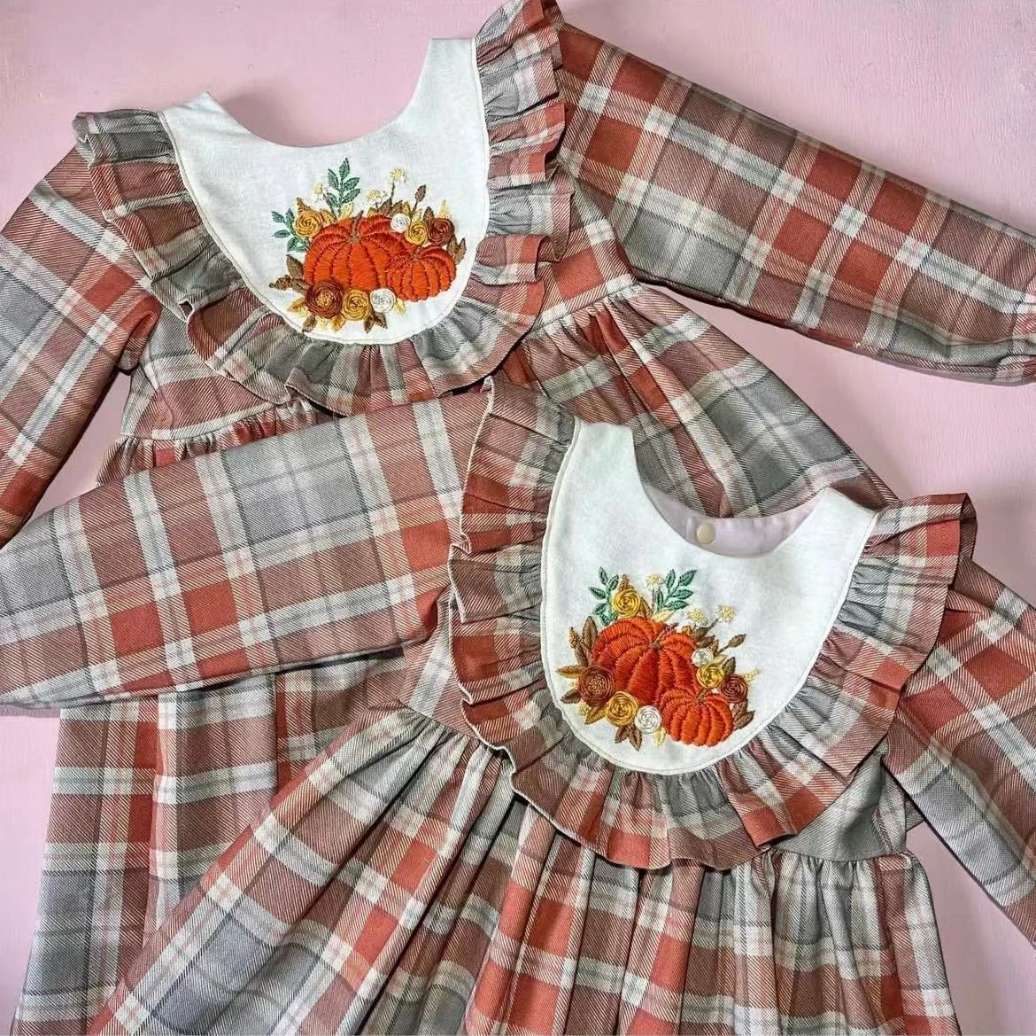 

0-12Y Baby Girl Autumn Pumpkin Embroidery Plaid Vintage Princess Dress for Birthday Photography Holiday Eid C210