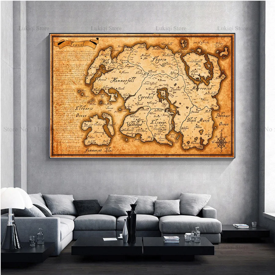 Map Elder Gaming Scrolls Large Video Vintage Hot S-Skyrims Poster Prints Canvas Painting Wall Art Picture Living Room Home Decor