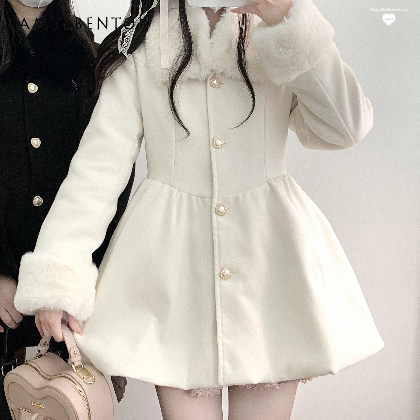 Sweet Elegant Princess Wool Coat Women Winter Removable Fur Collar Japanese Mine Plush Long-sleeved Single-breasted Woolen Coat