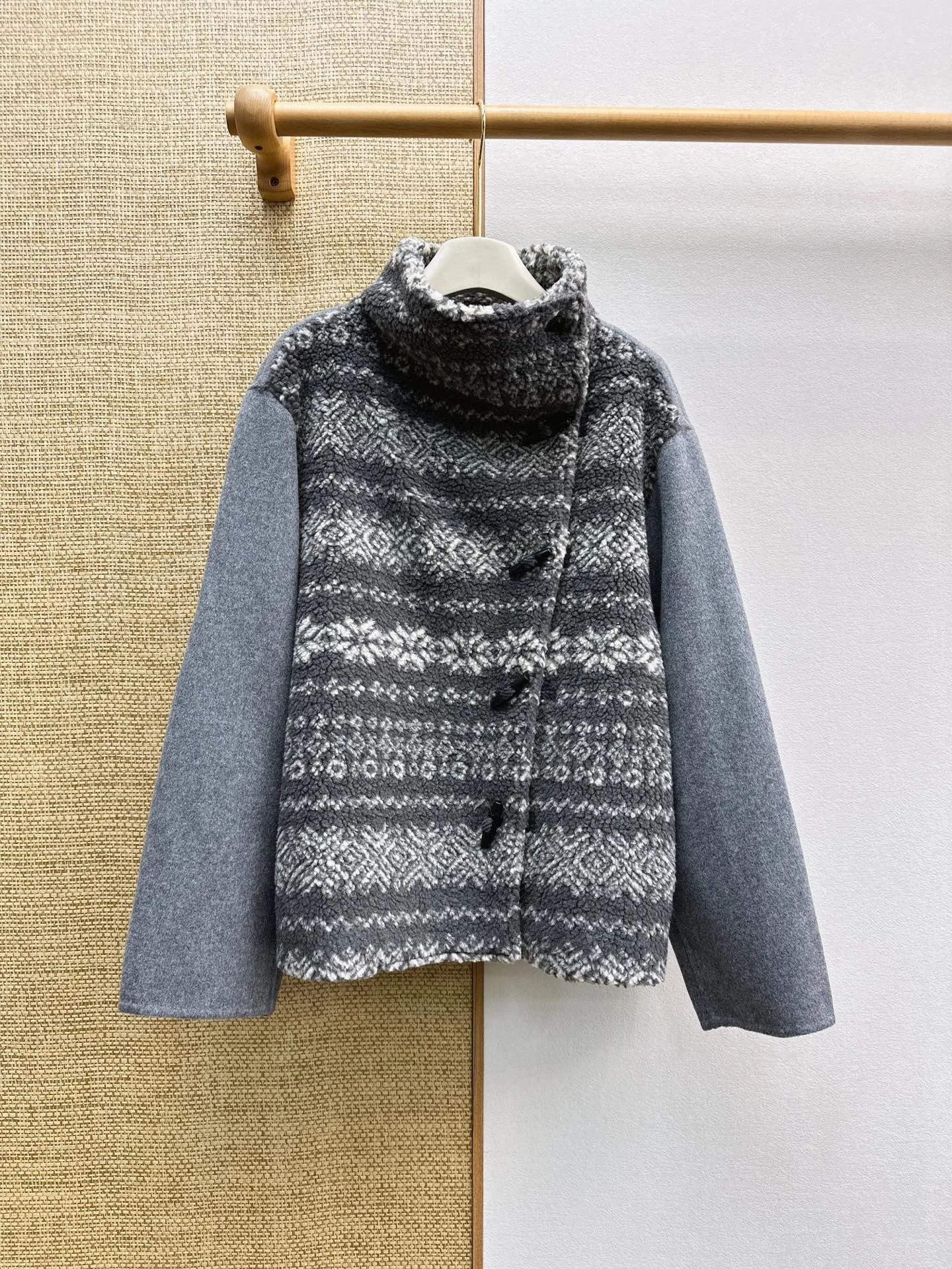 Women Fall Winter Jacquard Sherpa Spliced Coat High Collar Asymmetric Horn Button Vintage Double Faced Wool Jacket