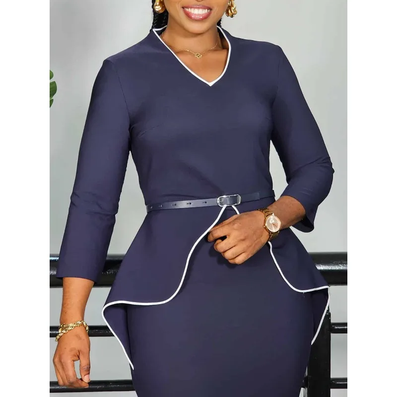 

Summer Elegant Applique Ruffles Bodycon Pencil Dress With Belt Women Classic Business Office Mid Dresses