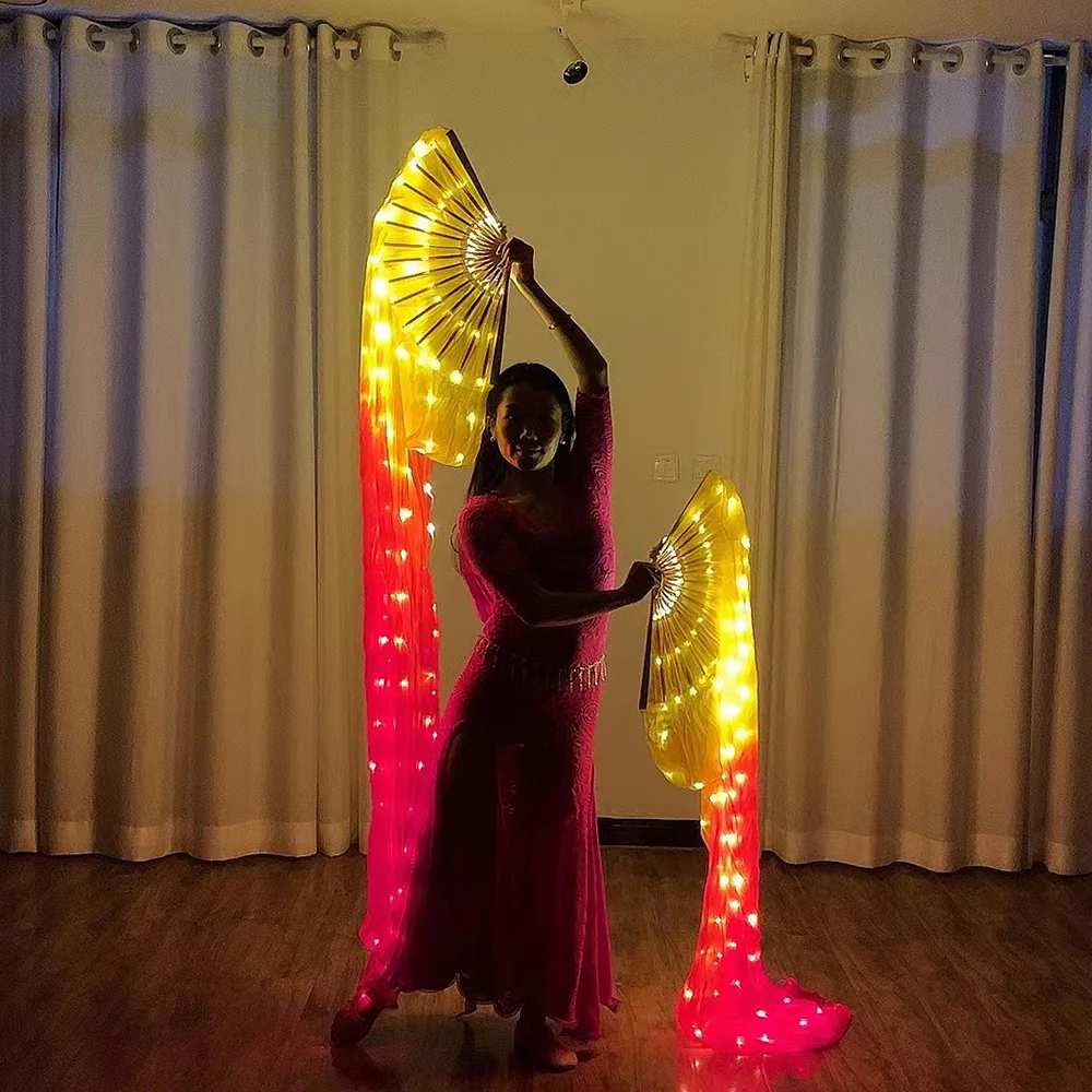 Velo de ventilador de seda Led para danza del vientre, accesorio de 180cm de largo, rojo y amarillo, para práctica y actuación en escenario