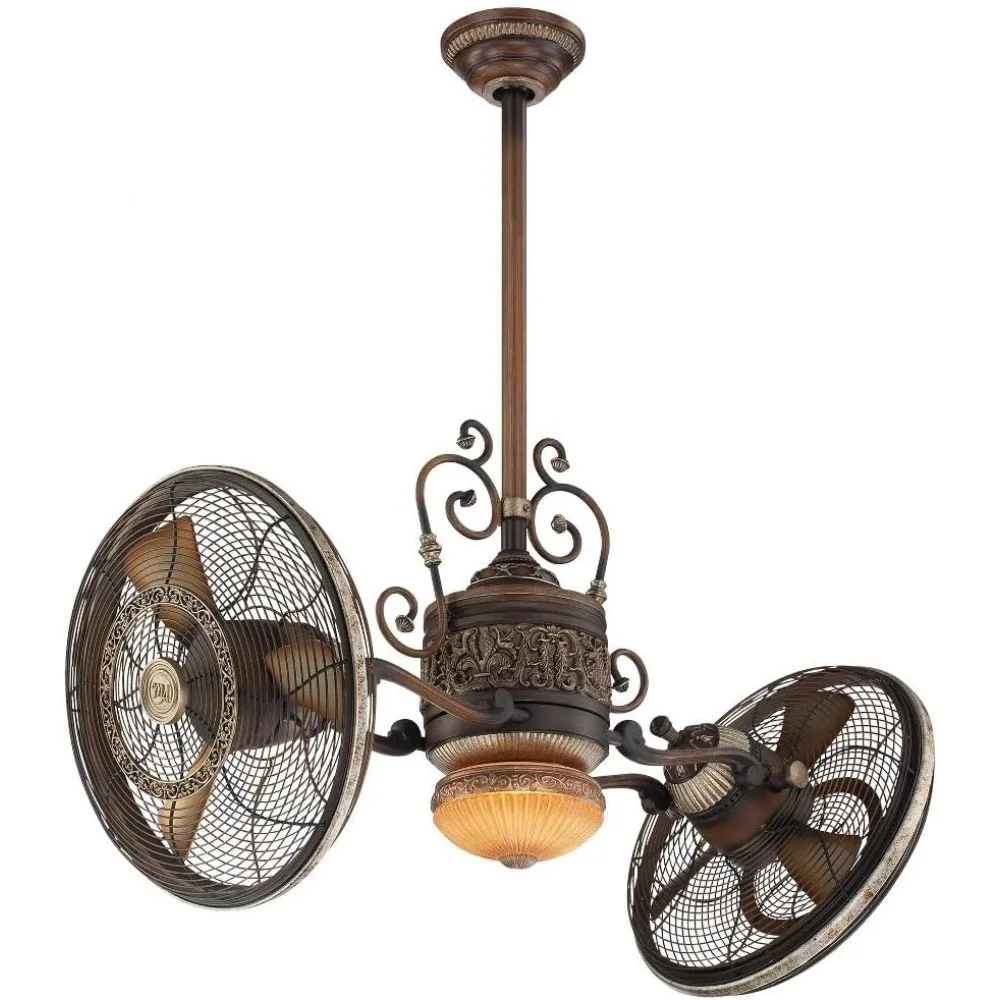 

Traditional gyroscope 42 inch retro double ceiling fan with LED lights and wall control, walnut color