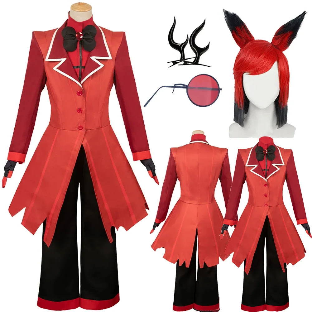 Alastor Cosplay fantasía peluca gafas de ojos Anime dibujos animados Hotel disfraz guantes adultos hombres Halloween Roleplay Fantasia Cloth