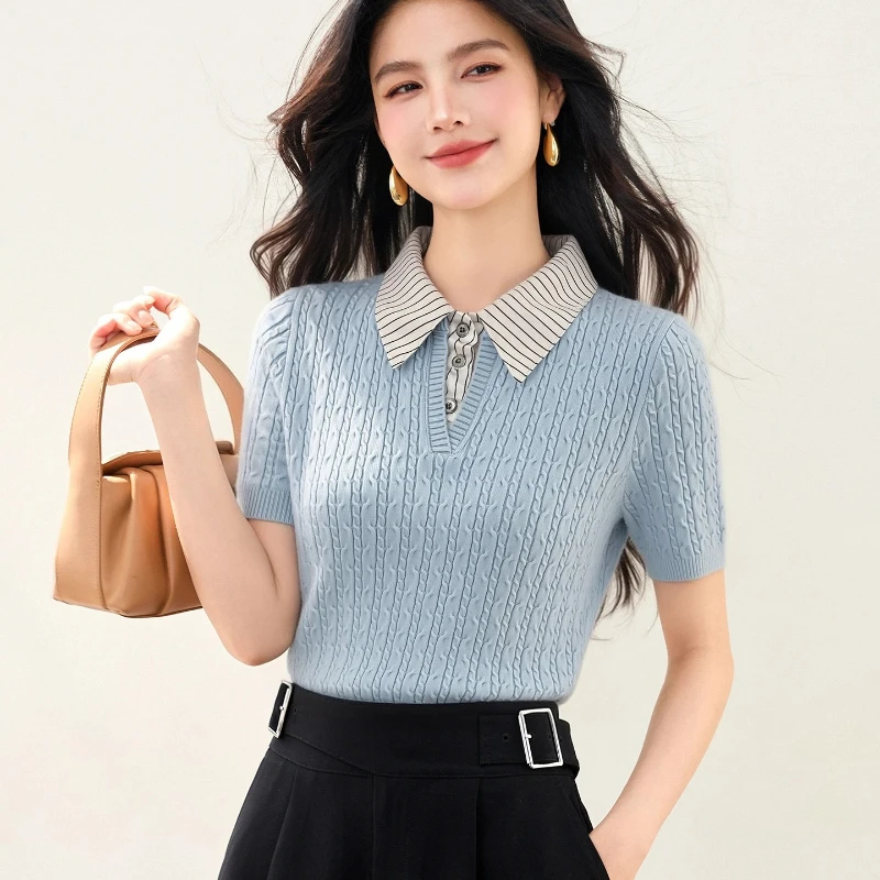 

Женская футболка в корейском стиле с имитацией двухслойности, в полоску, с отложным воротником, вязаная косами, летняя повседневная приталенная модель с коротким рукавом, коллекция 2026