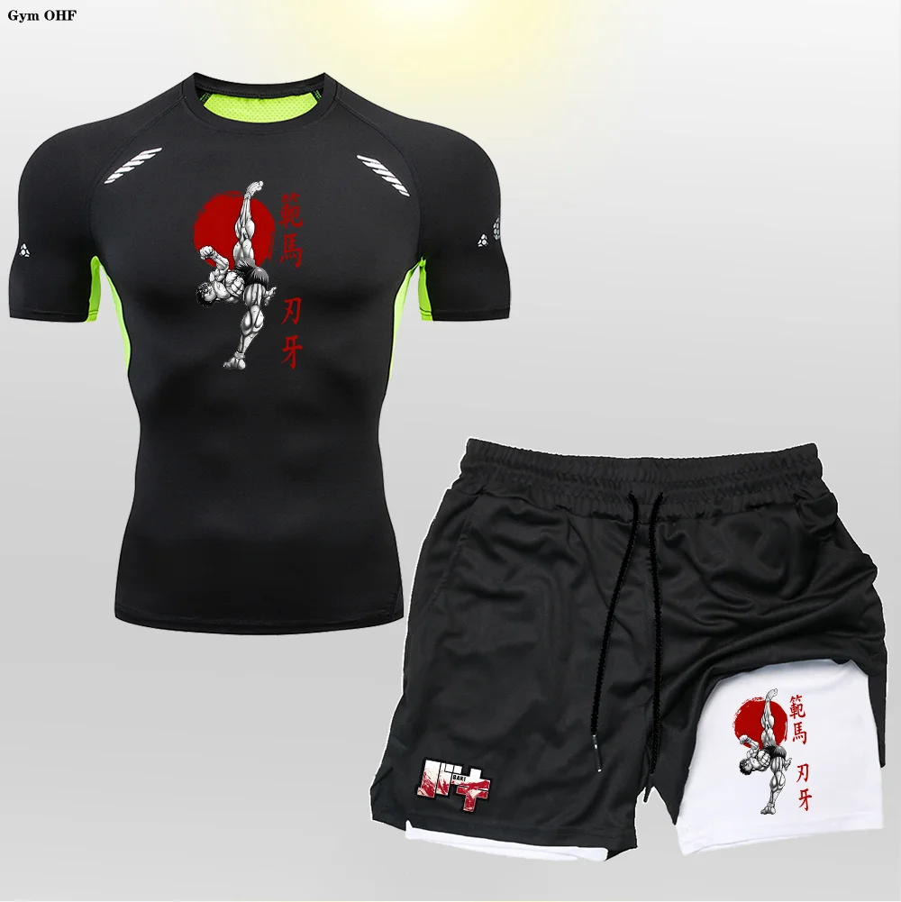 Heißes verkaufendes Sommer-T-Shirt + doppellagige Shorts für Herren-Freizeit-Fitness-Jogging-Sportbekleidung, atmungsaktives Kurzarm-Set