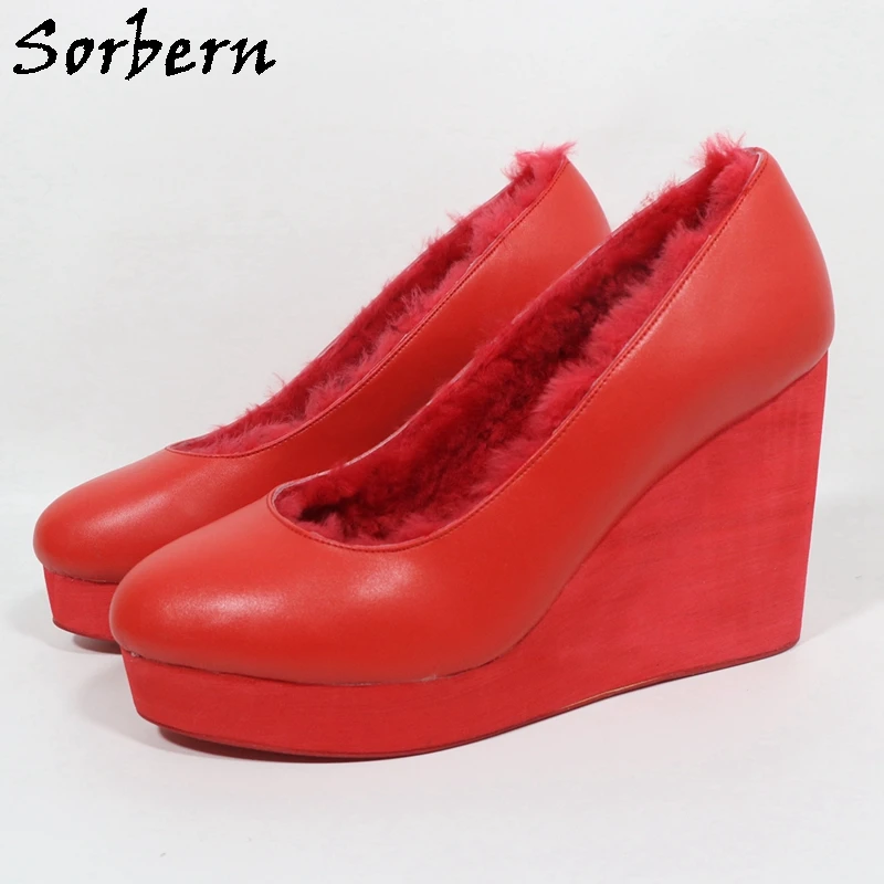 

Туфли-лодочки Sorbern Red Matte с толстым мехом, на танкетке, с круглым носком, большие размеры до EU47, унисекс, индивидуальный дизайн