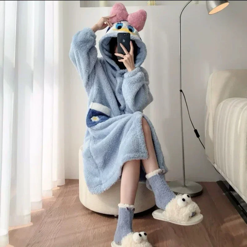 Cartoon Disney Donald Duck Pajamas Winter Hooded Pajamas Warm Casual Homewear Bathrobes Women\'s Pajamas New Plush Pajamas