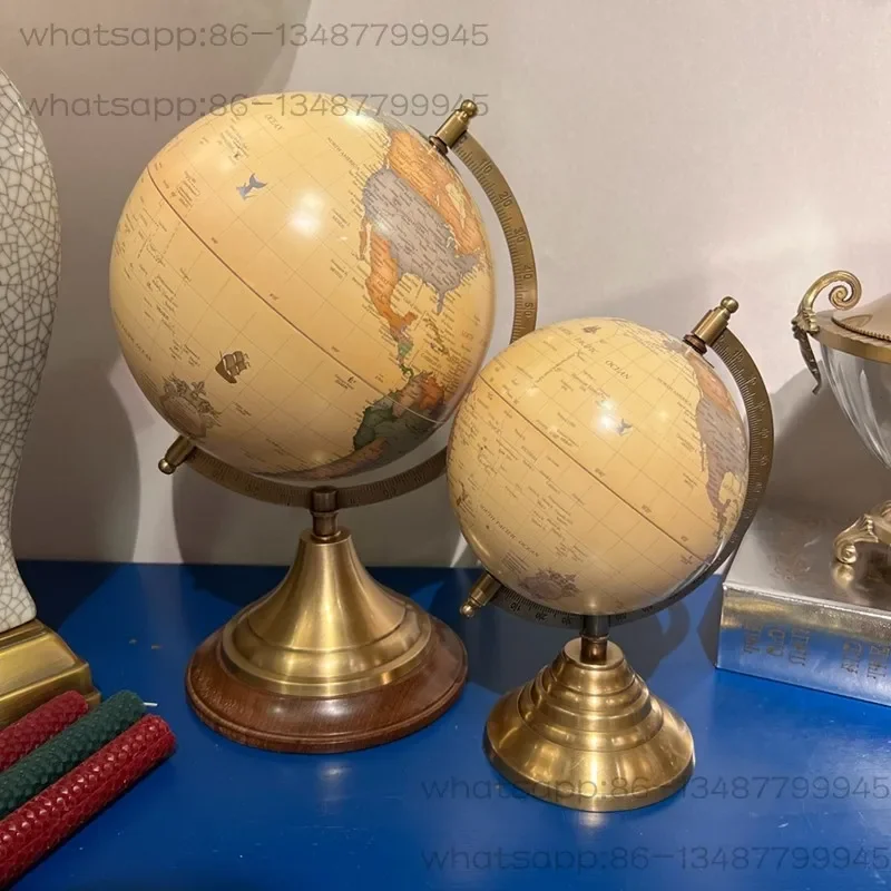 Handmade Solid Wood & Brass Globe Ornament, Light Luxury Desktop Decor for Study Villa Model Room