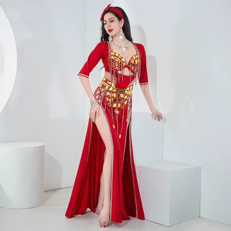 الرقص زي طبل الرقص الشرقي عرض تنورة فاخرة 5 قطعة مجموعة النساء الرقص الشرقي المنافسة الملابس الترتر تألق الجنس