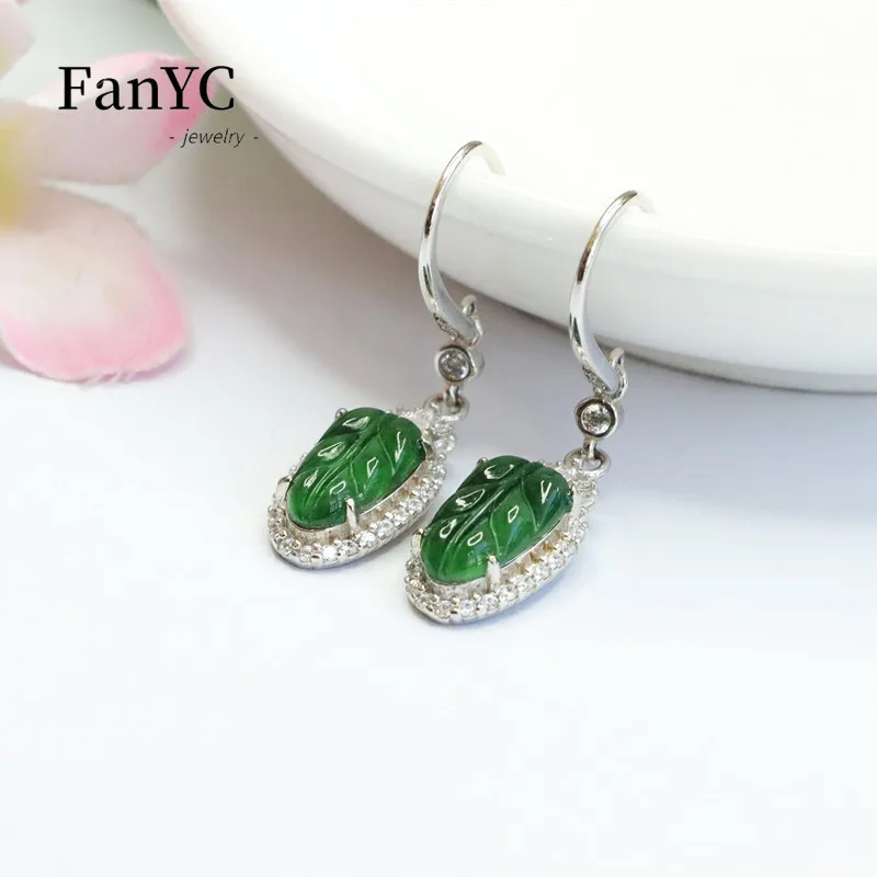 

Natural Jadeite Leaf-shaped Ear Hooks S925 Silver Inlaid Exquisite Luxury Ice-grade Imperial Green Jade Earrings Ladies Gift