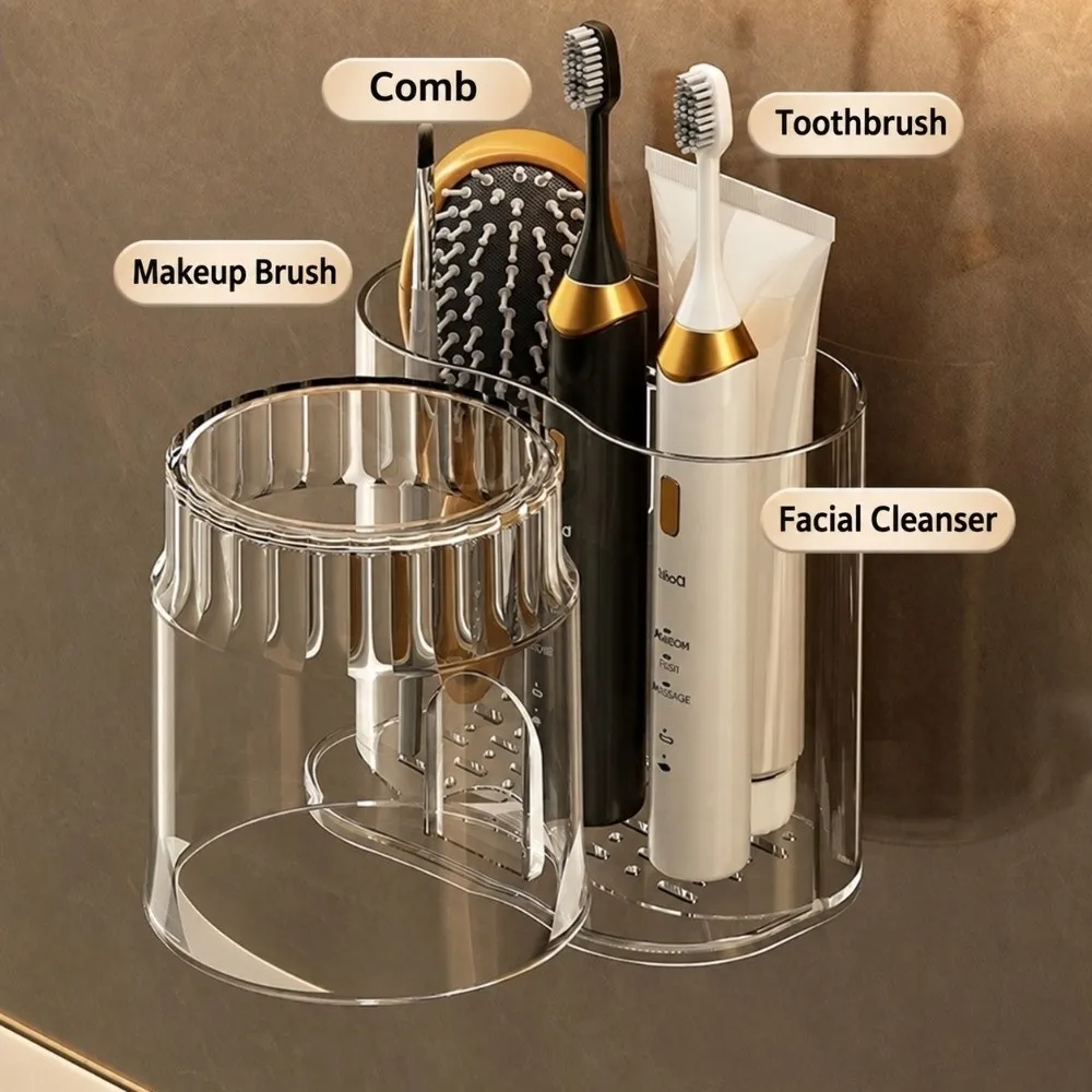 Wall Mount Toothbrush Holder Self Adhesive No Drill Bathroom Storage Rack Drain Holes with Cup Bathroom Toothbrush Cup Holder