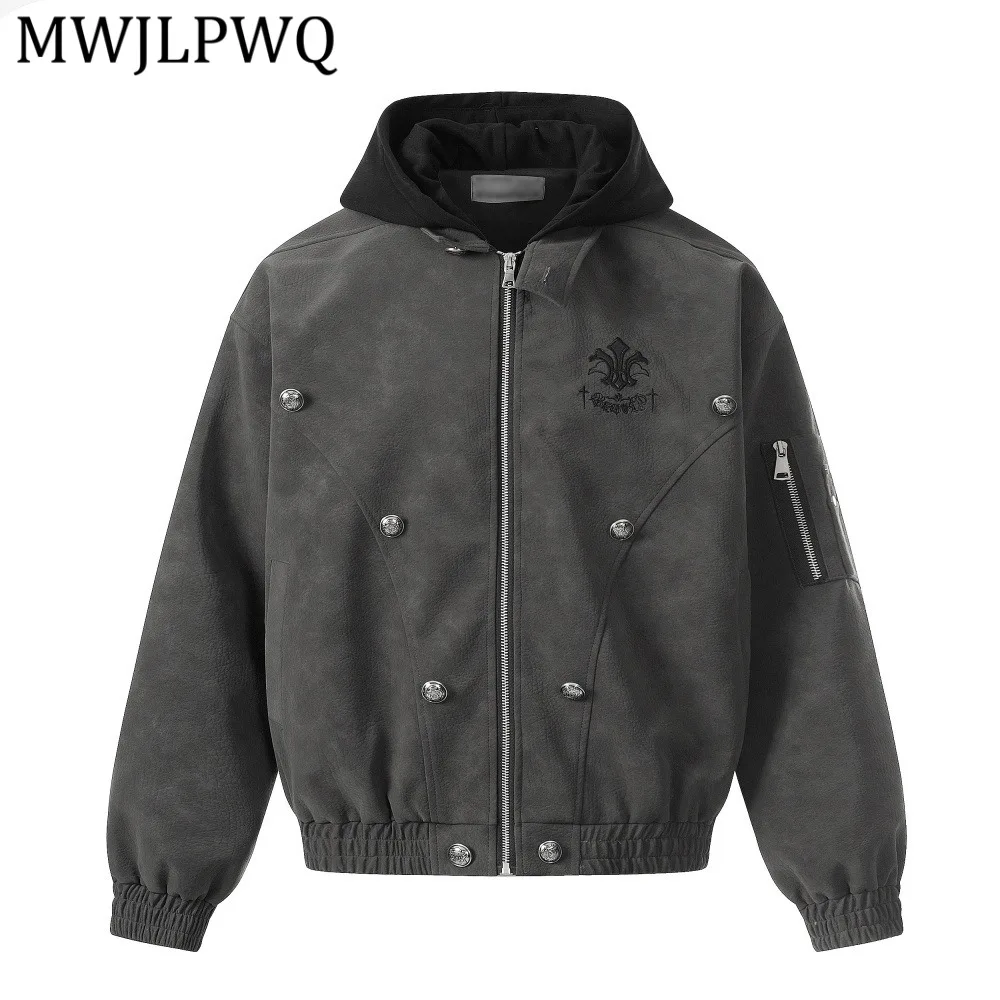 

MWJLPWQ Punk Embroidery Design PU Leather Jacket For Men Dark Style Street Button Decoration Hooded Top Tide Spring Autumn 13224