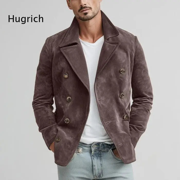 Mens Olive Green Double Breasted Suede Blazer Jacket Notched Collar Long Sleeve Retro Daily Casual Outer Coat
