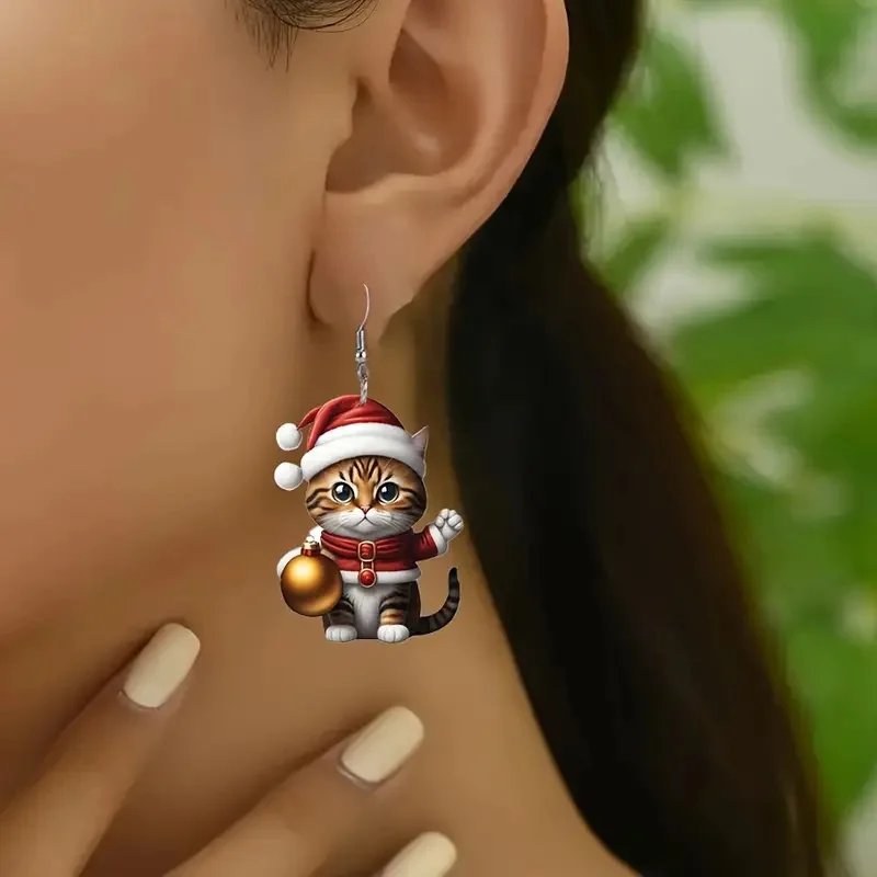 Рождественская шляпа CAOSHI, акриловые висячие серьги с милым котом, новый дизайн, рождественские украшения, подарки для женщин, эстетические аксессуары для ушей