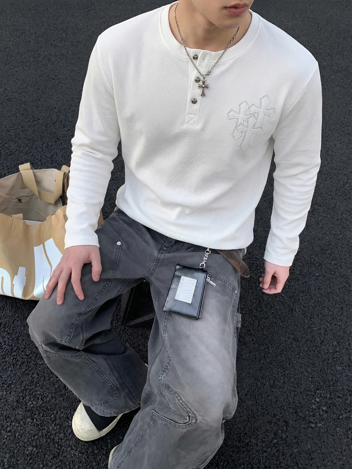 PLTH American Retro Waffle Grid Henry Collar Long Sleeve T-Shirt Men Cross Embroidery Loose Casual Top Trendy Youth Summer