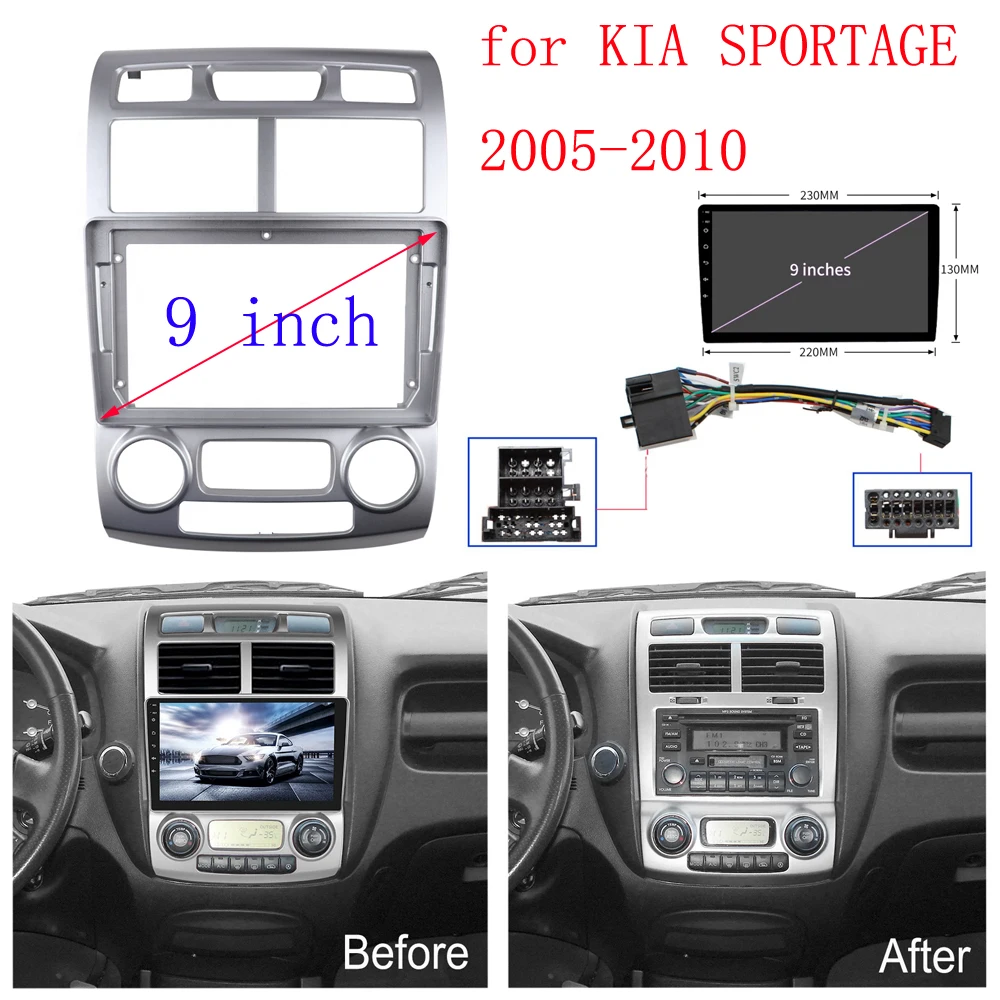 Para 2005 2006 2007 2008 2009 2010 Kia Sportage Audio Dash Kits Marco Facia Panel Reproductor Marco de pantalla de DVD 9 pulgadas (plata)