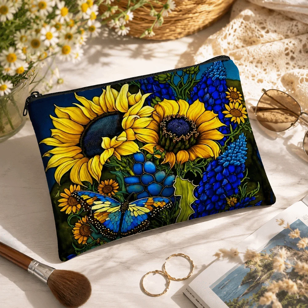Organisateur de produits de toilette floral en toile, sac de maquillage imprimé double face à motif floral, pochette zippée grande capacité, sac de rangement pour cosmétiques