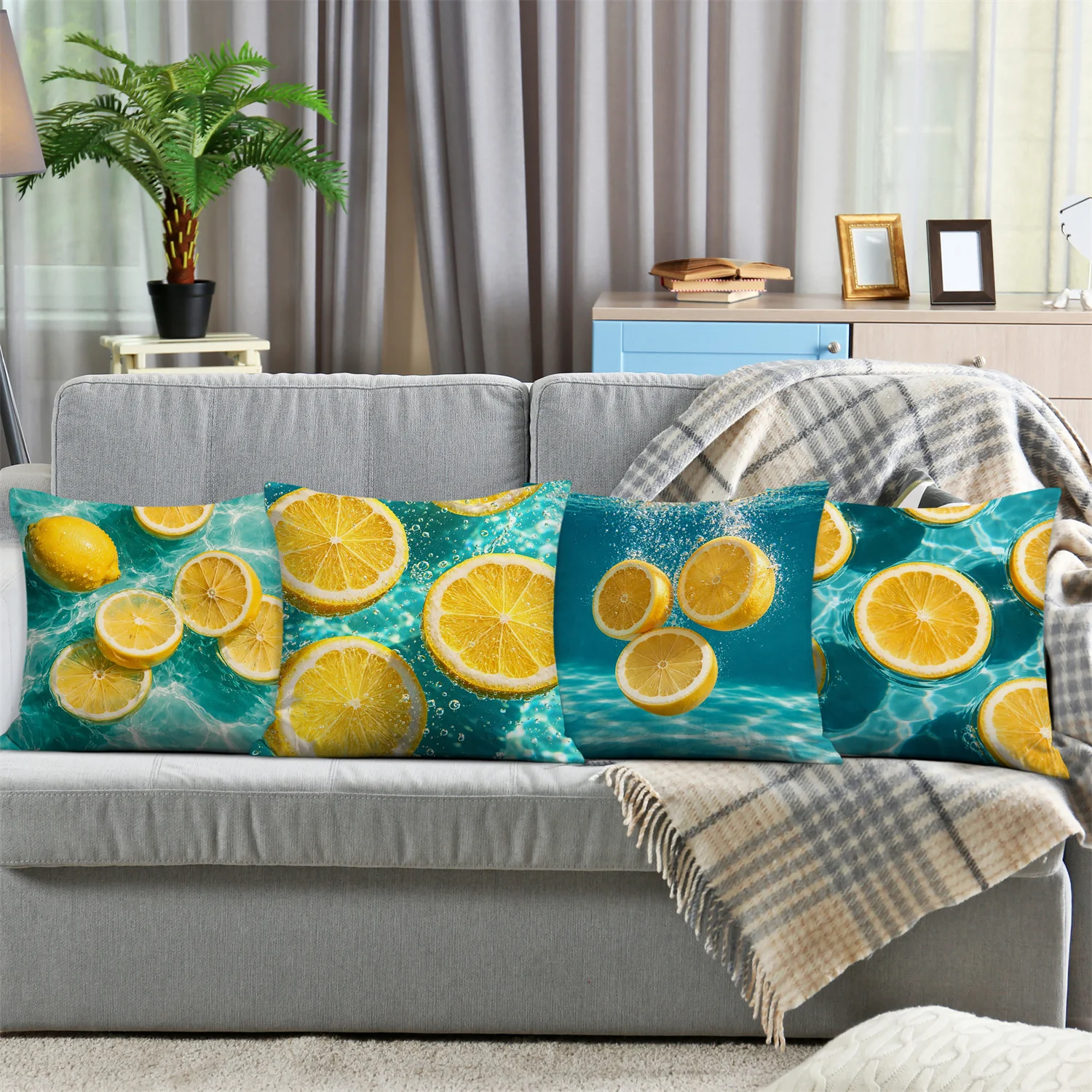 Lemon slice water wave digital printing pillow cover Short plush Suitable living rooms bedrooms sofas throw cushion cover 4pcs