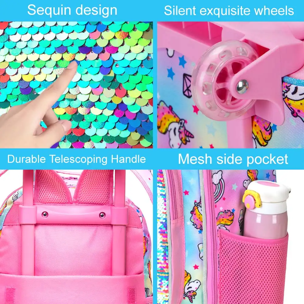 3PCS Rolling Backpack for Girls Kids Roller Wheels Bookbag  with Lunch Bag Pink Unicorn Glow-in-the-dark Function