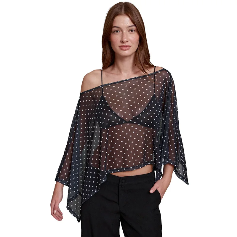 セクシーなオフショルダーイレギュラートップス、斜め襟、フルスリーブ、ポリエステル製レディースTシャツ、ストレートカット、薄手生地、中国製...