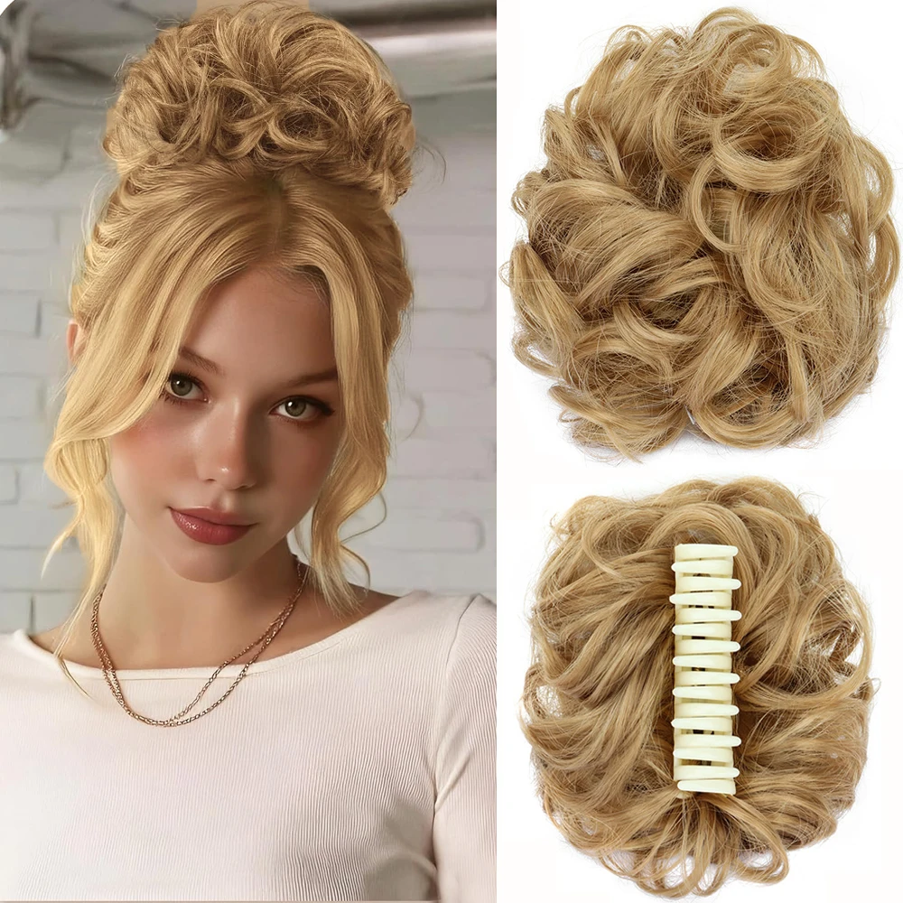 Synthetischer Messy Bun Haargummi mit Haarklammer, Haarverlängerung aus Hochtemperaturfaser, Flauschiger Chignon für Frauen – Detail 14