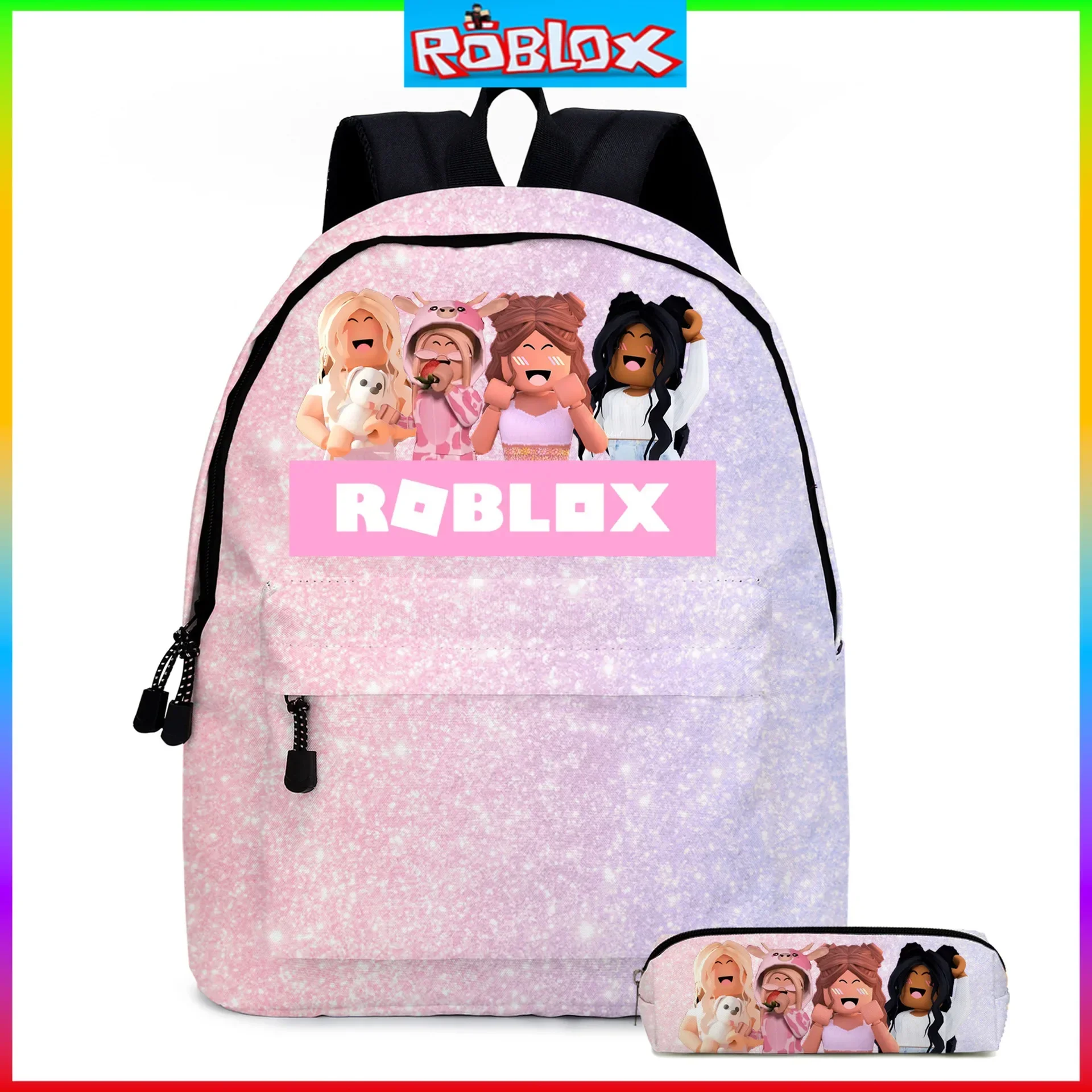 A-SET Roblox Primary and Middle School Students Schoolbag Sports Backpack Lightening Pencil Meal Bag Boys Girls Anime Mochila