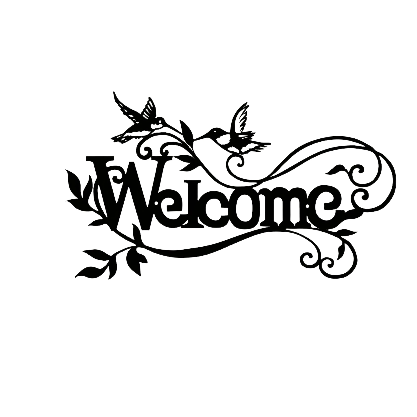 1Pc Black Iron Wall Decor Elegant Cursive Welcome Sign, Metal Floral Bird Art for Home Entryway, Durable Indoor Outdoor Hanging