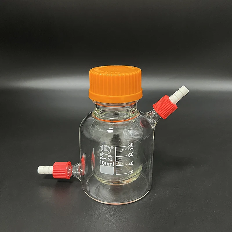 Double-deck cylindrical single-necked flat bottom flask 100ml GL45mm,Mezzanine jacketed reactor bottle,With nozzle GL14mm