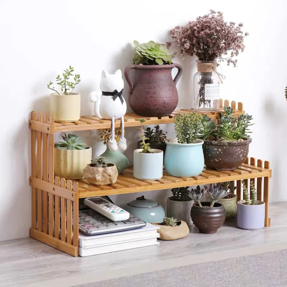 2 Tier Wood Plant Stand Shelf for Desktop with Vertical Space Optimizing Stair Step Design for Flower Pots and More