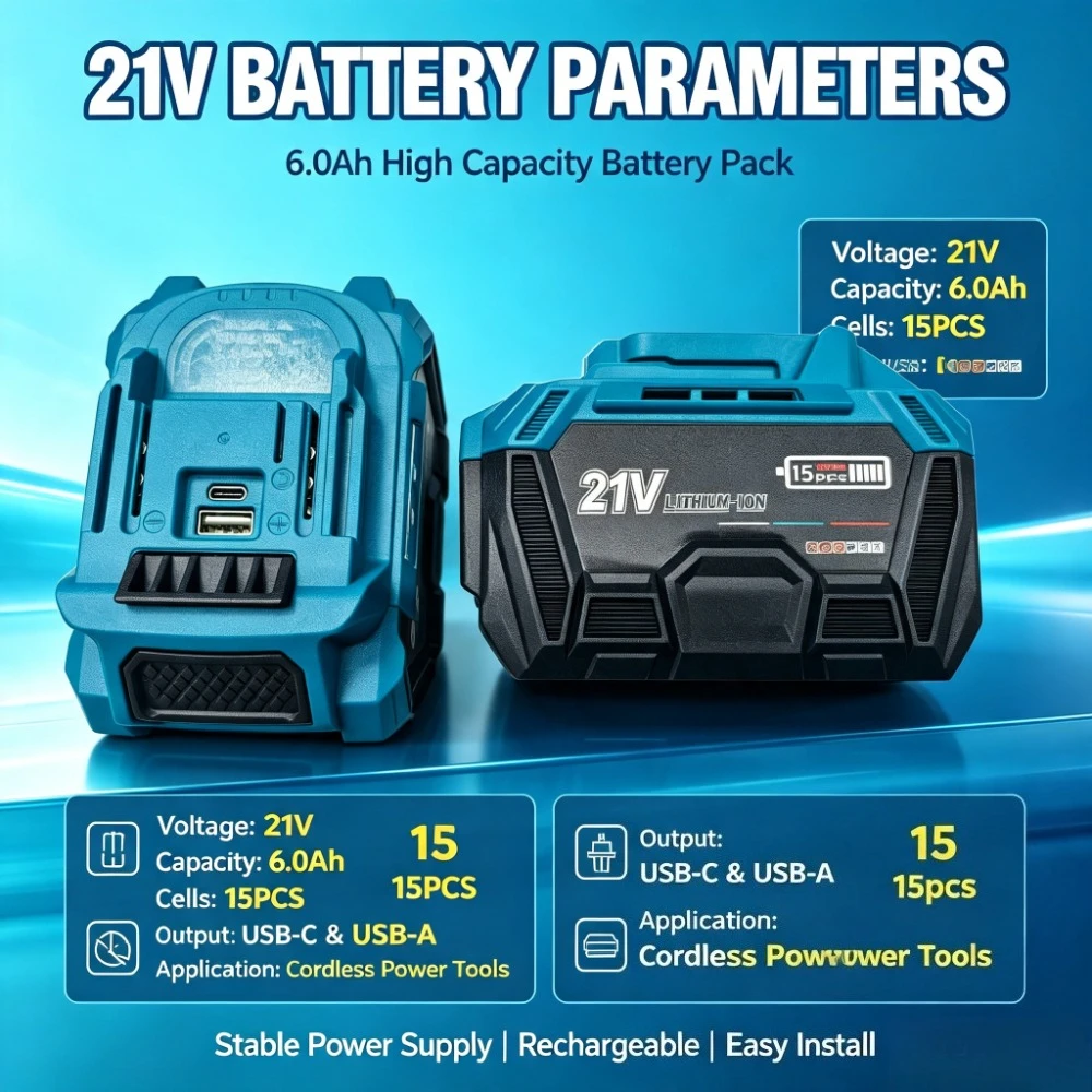 21V 6.0Ah Lithium Ion Battery Pack With USB Type-C Emergency Power Bank LED Indicator For Slide Type Power Tools