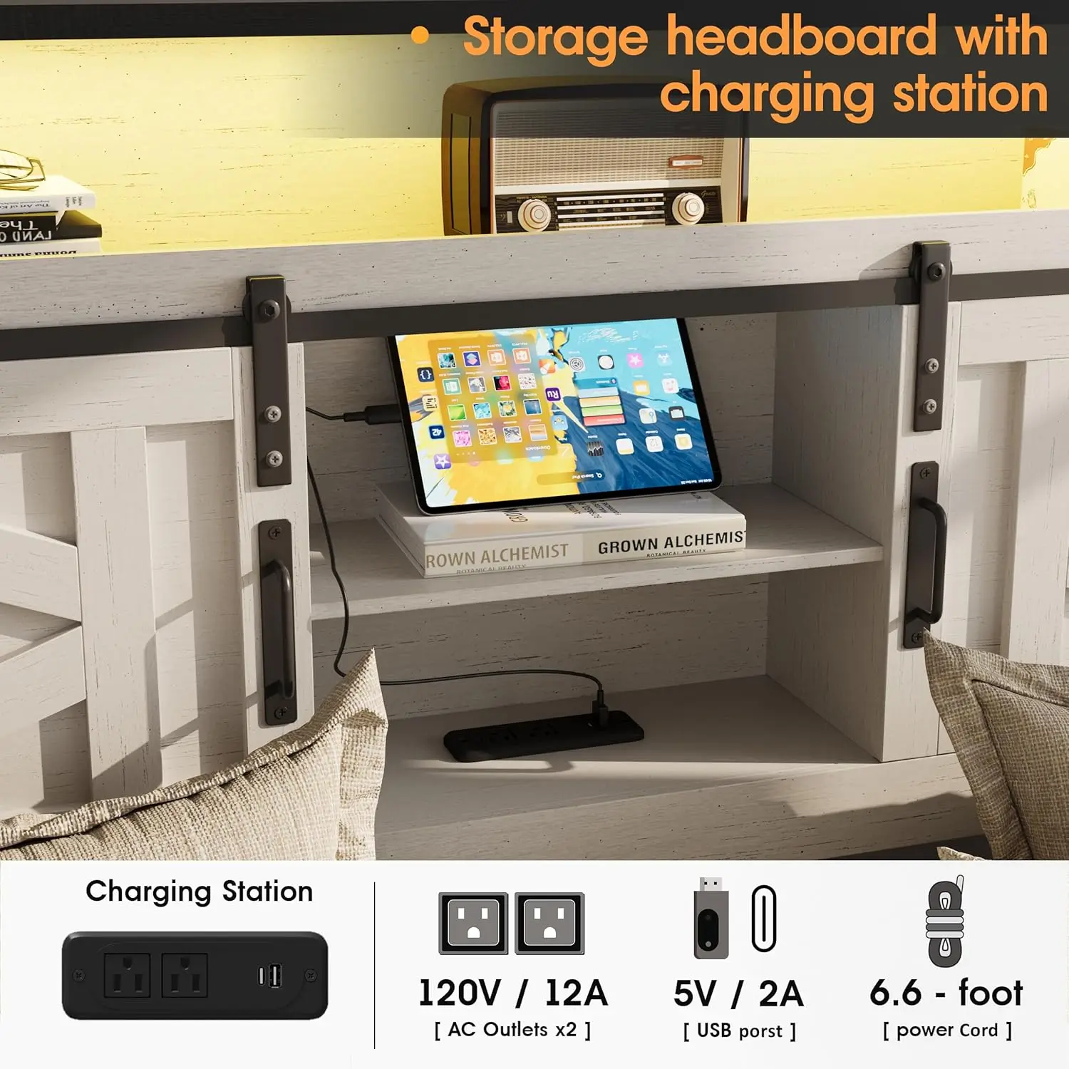 Farmhouse Queen Size Bed Frame with 4 Drawers and Bookcase Headboard, Sliding Barn Door Storage Shelves, LED Lights