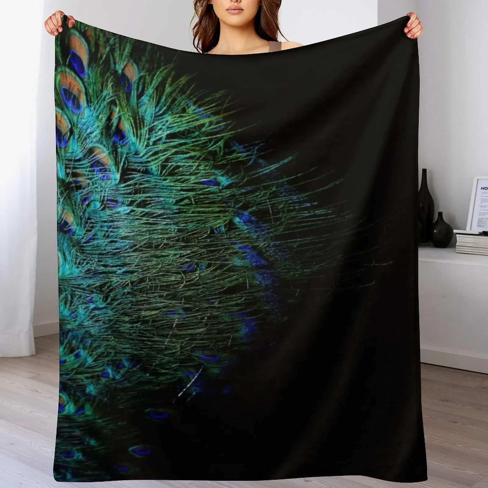 

Peacock feathers on a black background Throw Blanket Warm Plush Fuzzy Blanket for Living Room