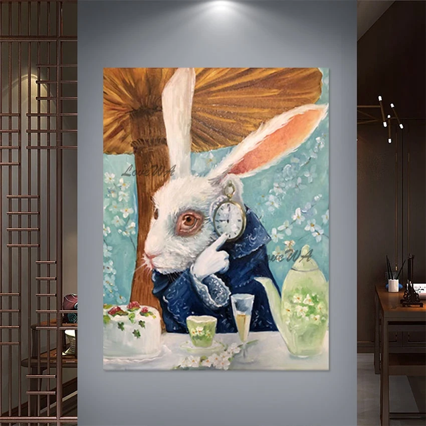 

Украшение дома Кролик для послеобеденного чая Холст Ручная работа Абстрактная картина маслом Современный художественный дизайн Настенная картина для гостиной