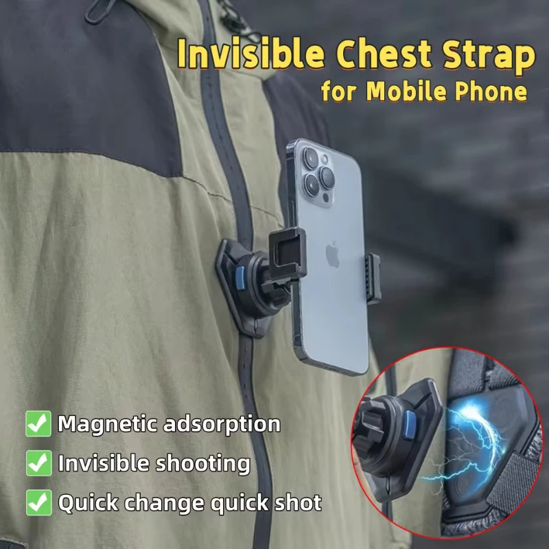 Metal Motorcycle Cell Phone Holder Magnetic Invisible Chest Strap Quick Release Fixed Bracket Outdoor Riding Video Live Streamin