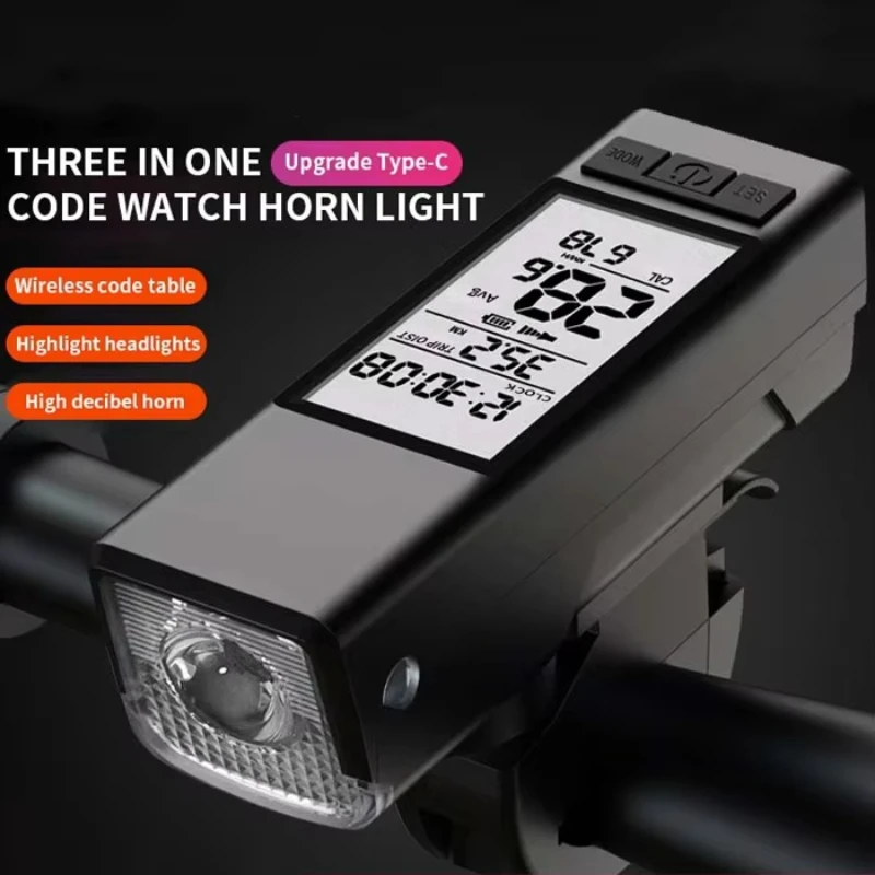 مصباح أمامي LED مقاوم للماء للدراجة مع عداد المسافات مع شاشة LCD وعداد السرعة والقرن #2