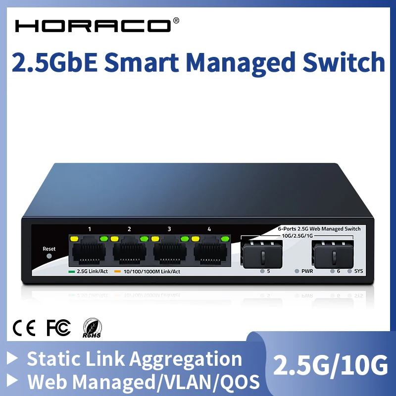 HORACO 2.5GbE Smart Managed Switch 4 Port RJ45 2500Mbps Web Managed Ethernet Network Switch 2 Port 10G SFP+ Slot Home Lab Switch