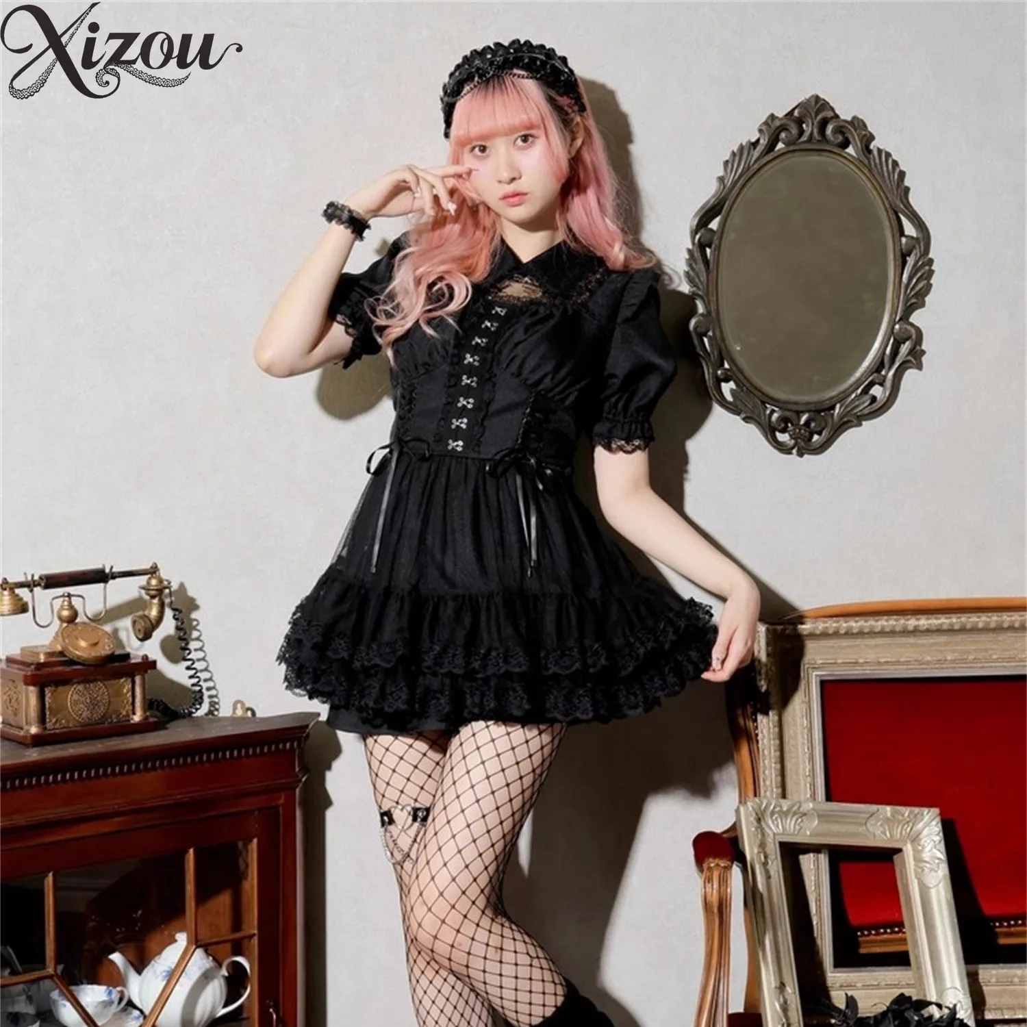 

Оригинальное японское кружевное платье с короткими рукавами и шортами, комплект массового производства, милые комплекты из двух предметов в стиле Лолиты, женские наряды