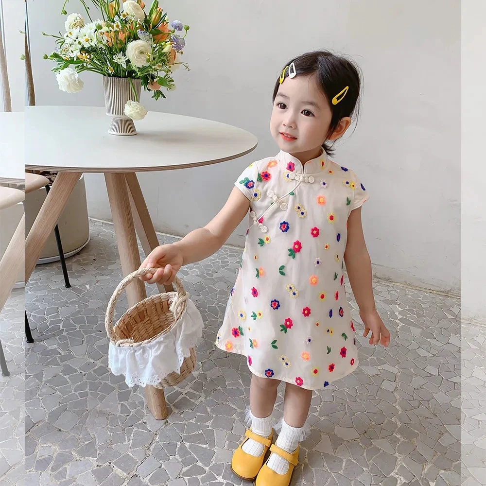 Children\'s Floral Dress Cheongsam Summer Girl\'s Clothing Chinese Style Hanfu Girl\'s Baby Dress Retro Tang Suit