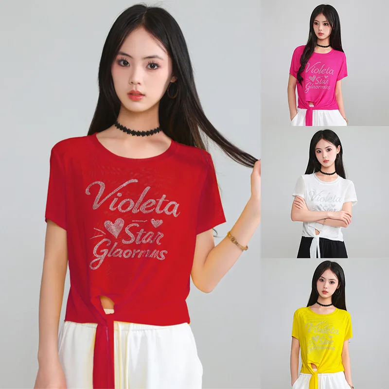 Summer New Loose Fitness Short Sleeve T-Shirt Women's plus Size Square Dance Netting Drill Casual Breathable round Neck Top