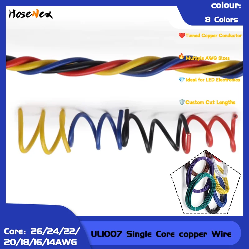 UL1007 Approved Single Core Tinned Copper Wire, PVC Insulation in 14-26 AWG for LED Strips & Electronic Projects Accessories