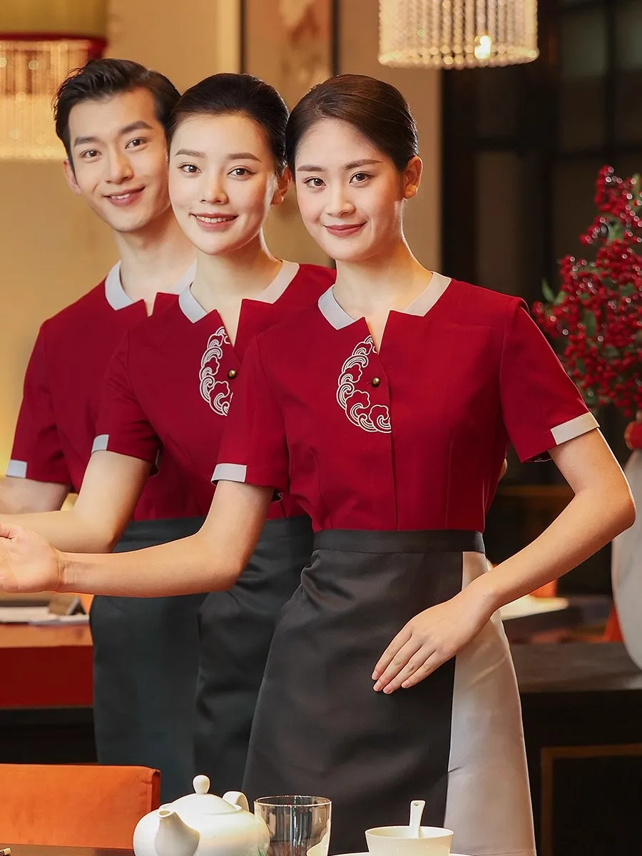 2023 Summer Chinese Restaurant Short Sleeve Waiter Red Shirt+Apron+Pants Set Western Hotel Waitress Work Uniform Free Shipping