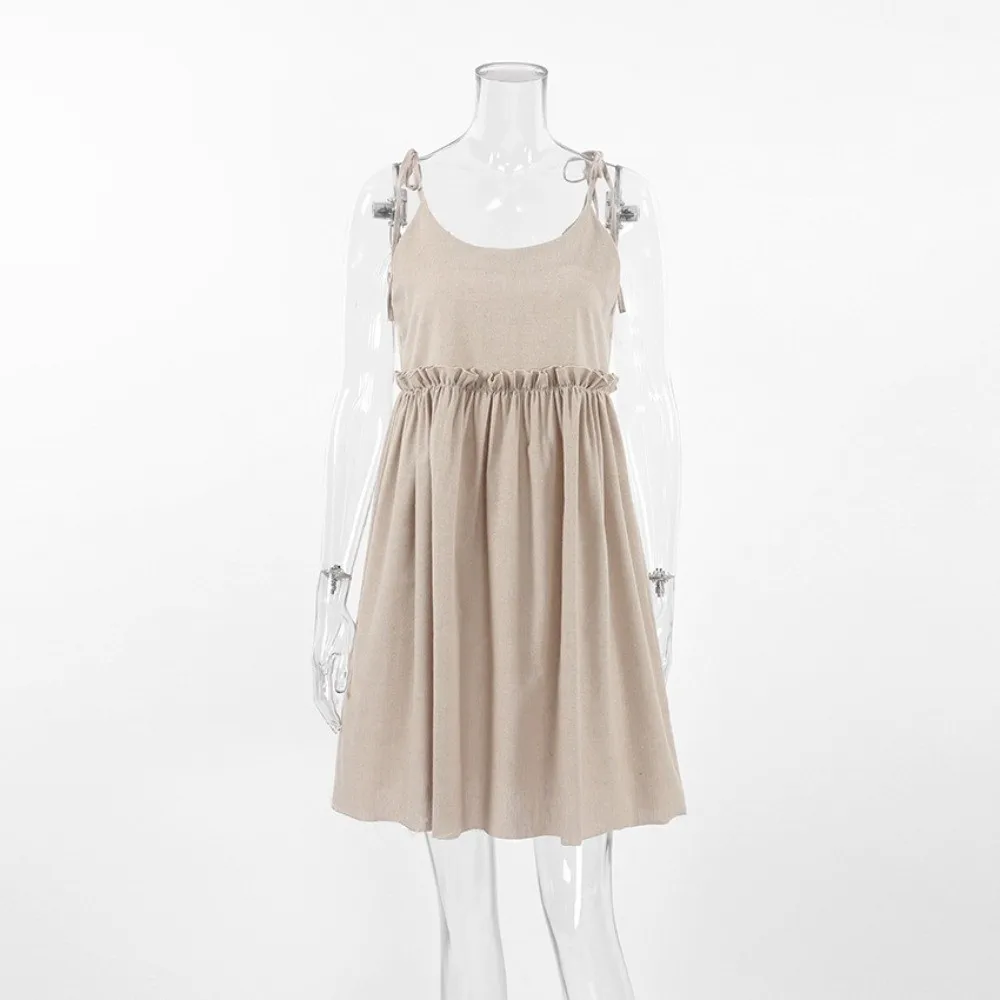 Linen Cotton Dress Garment Brown Tone Loose Cut Sling Outfit Vacation Style Sling Strap Women Vacation Gear Island Holiday