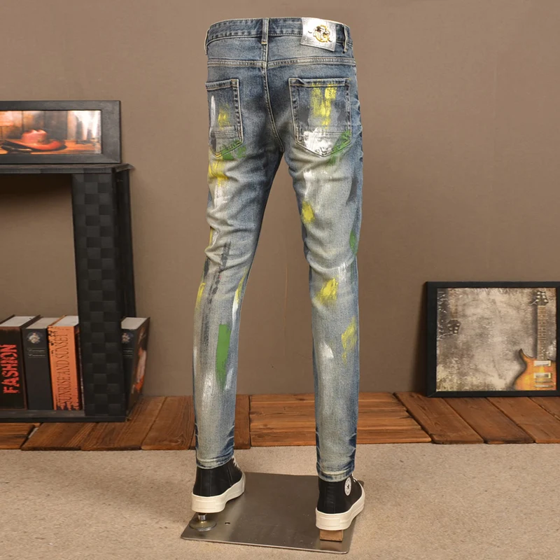 High Street Fashion Men Jeans Retro Washed Blue Stretch Slim Fit Painted Ripped Jeans Men Vintage Designer Hip Hop Denim Pants