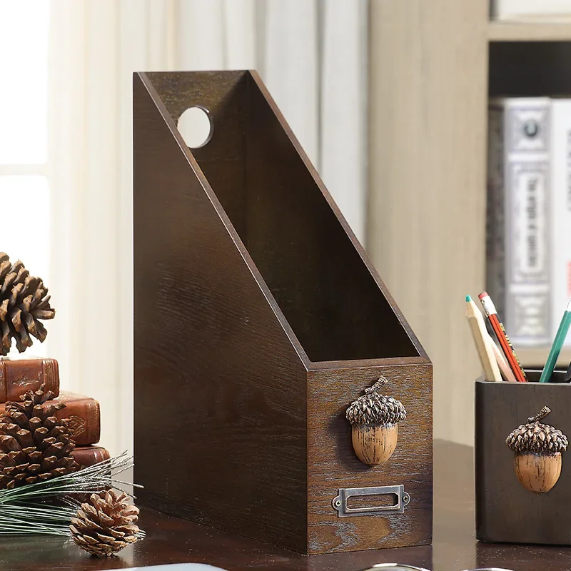 Walnut Color Document Box Creative Combination Book Stand with Acorn Relief Magazine Rack for Office Desktop Data Organizer
