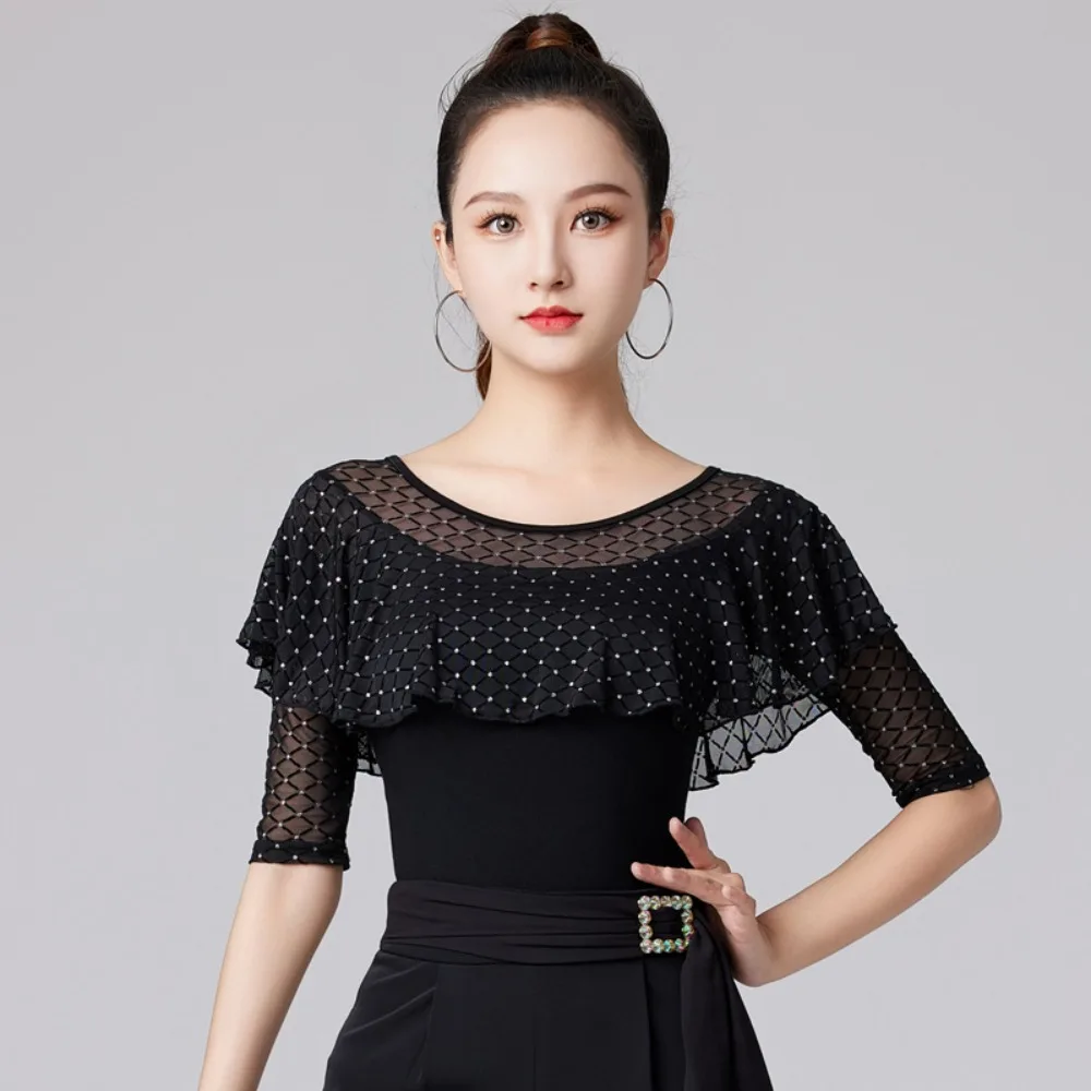 2025 Verão Novo! Top feminino de dança latina – gola redonda com babados, roupa de prática de valsa de manga 3/4 para o verão