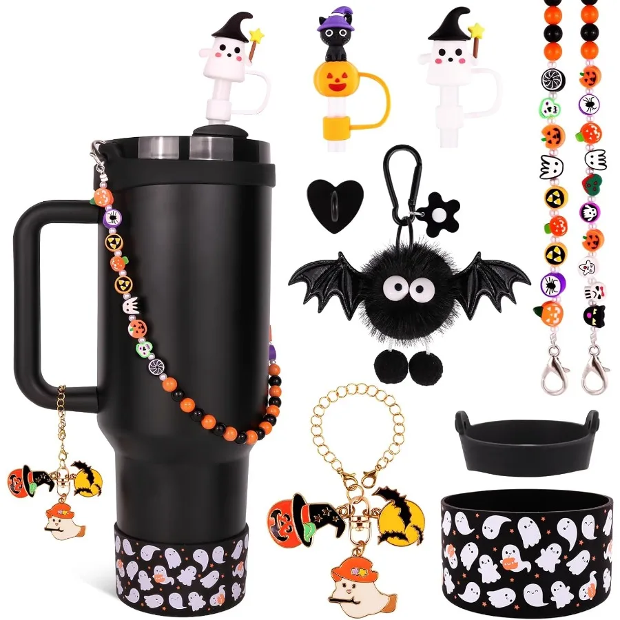 

8 Pcs Halloween Accessories Set for Cup 3040 Oz Ghost Silicone Boot 2 Pcs Straw Covers PomPom Charm Ghost Charm Water Bottle H