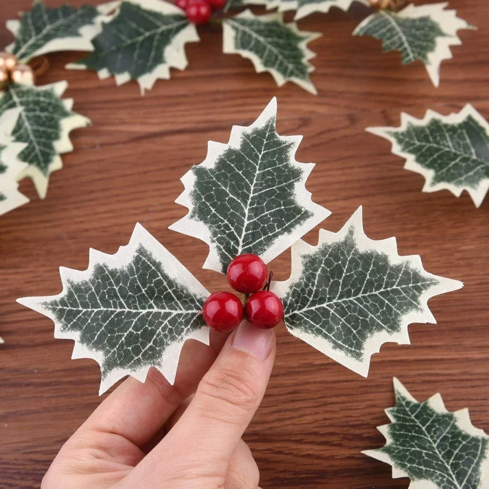 Christmas Holly Green Leaves Berry Artificial Red Gold Berries Stems Flower DIY Wreath Ornaments Gifts Party Home Decorations