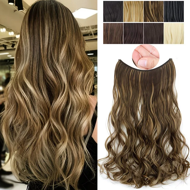 20Inch Synthetic Invisible Wire Hair Extensions for Women Heat Resistant Long Curly Highlights No Clips Needed
