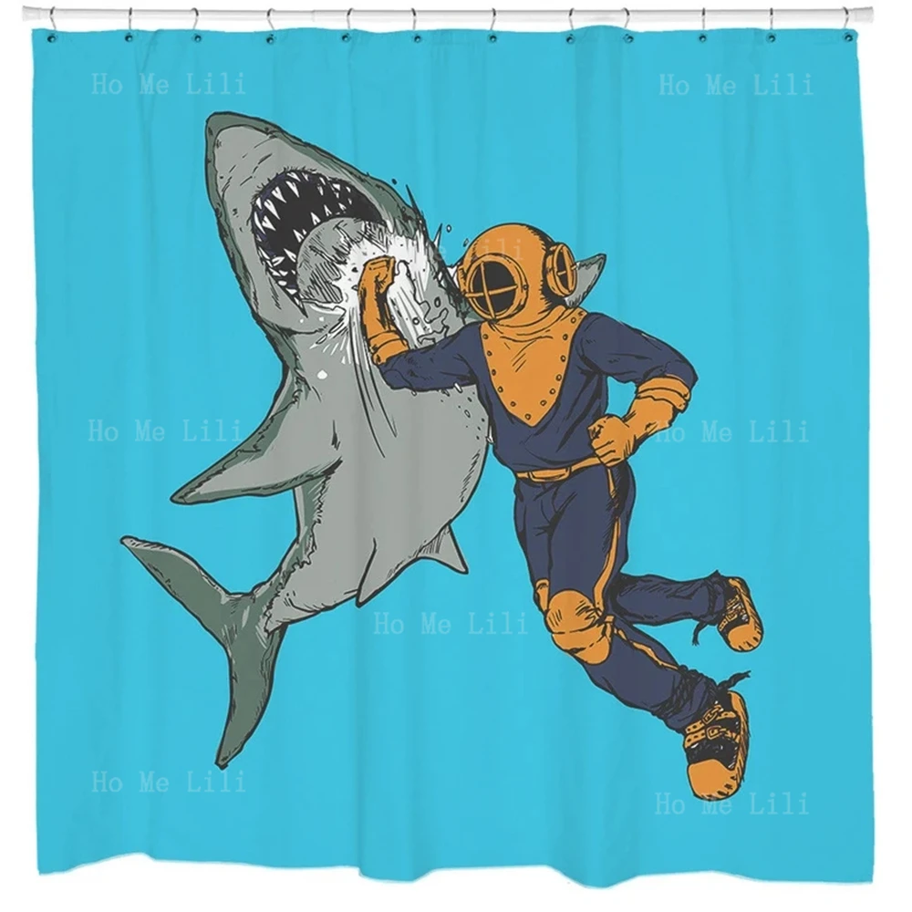 Fun Shark Shower Curtain Beach Theme For Divers Turquoise Blue Fabric Waterproof